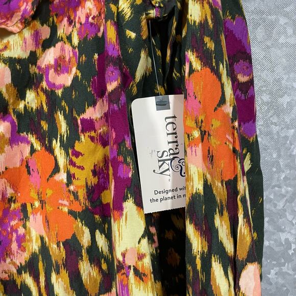 Terra & Sky NWT Green & Pink Ruffle Blouse - Plus Size 0X (14W) - Long Sleeves - Picture 4 of 7